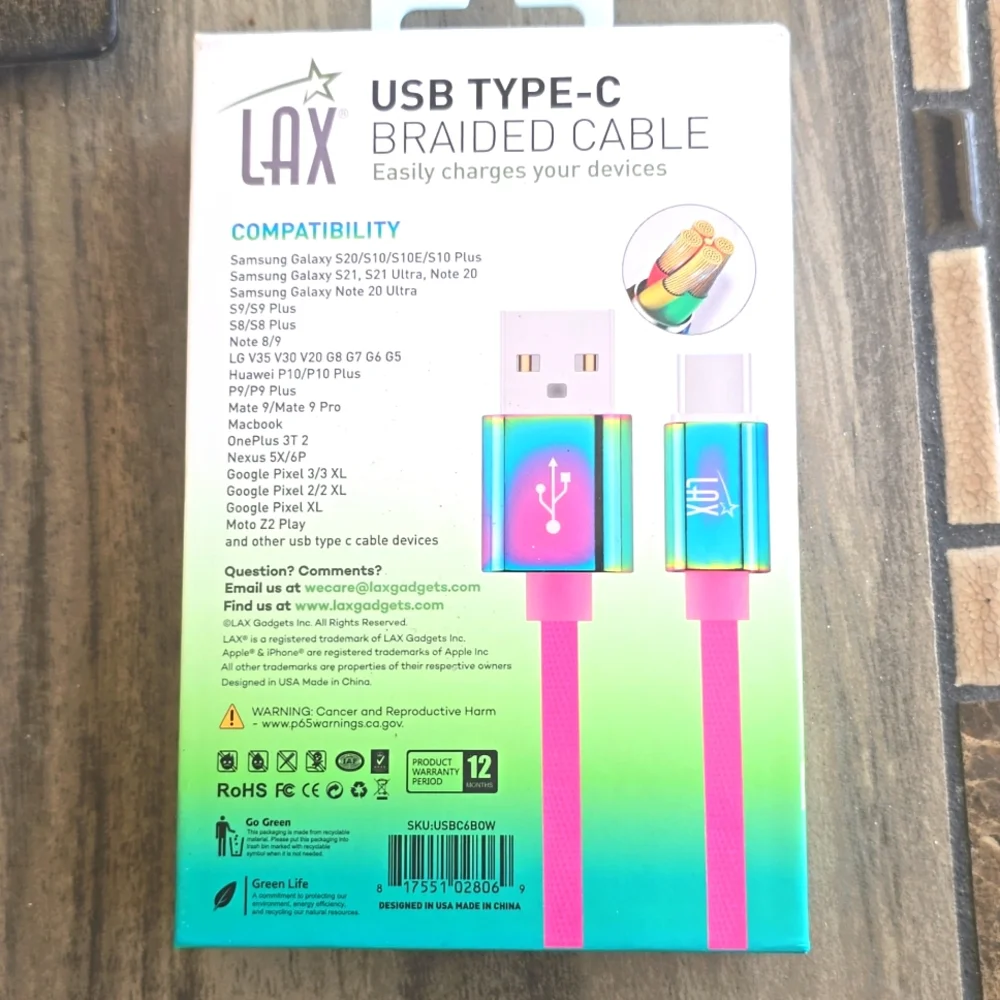 LAX GADGETS 6' Rainbow Colored USB-C to USB-A Cable, NEW In Original Packaging